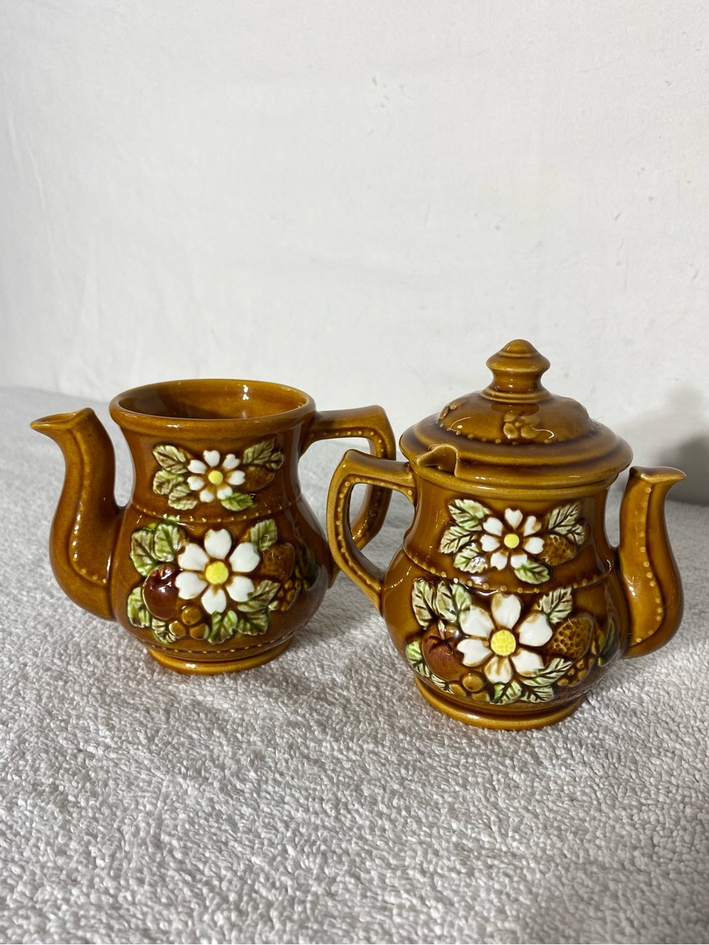 Vintage 1960s Japan Ceramic Coffee Tea Creamer Sugar Set Brown Daisy Cottagecore